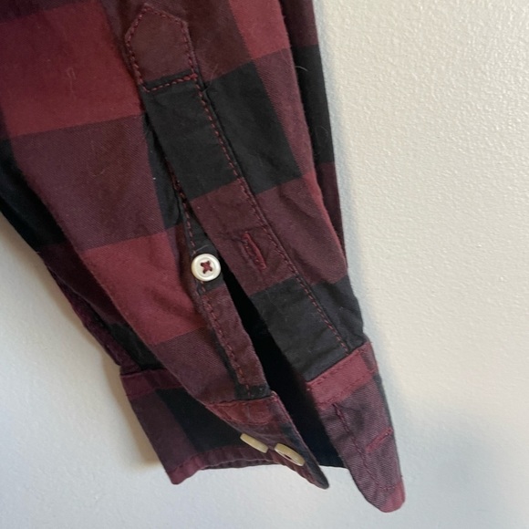 Burgundy & Black Plaid  Long Sleeve Cotton Button Up Short - Picture 6 of 7